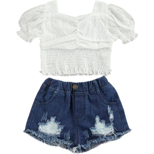 New Girls Solid Color Clothes Set, Puff Sleeve Square Collar Stretchy Tops + Ripped Short Jeans with Button