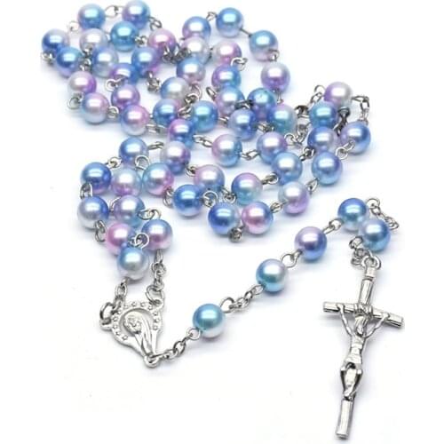 QIGO New Religious Jewelry Colorful Plastic Rosary Necklace Metal Cross Catholic Necklace