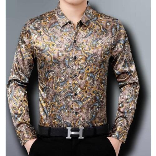 Luxury Satin Mens Paisley Shirts Floral Ice Silk Dress Shirts For Mens Wide Baroque European Clothing For Bbw Smooth Blouse New