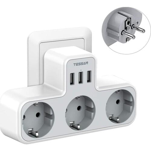 TESSAN EU Plug Power Strip with 3 USB Ports 3 Outlets Multi Outlets Extender Wall USB Socket 110/250V Plug Type-E/F