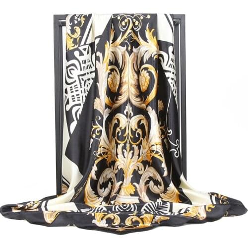 Silk Scarf Women Black Flower Print Fashion Luxury Brand Foulard Bandanna 90*90cm Square Shawls and Wraps Satin Head Hair scarfs