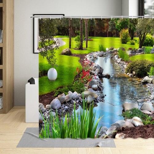 Natural Scenery Shower Curtains Set Green Tree Floral Plant Lake Landscape Spring Summer Bathroom Decor Polyester Cloth Curtains