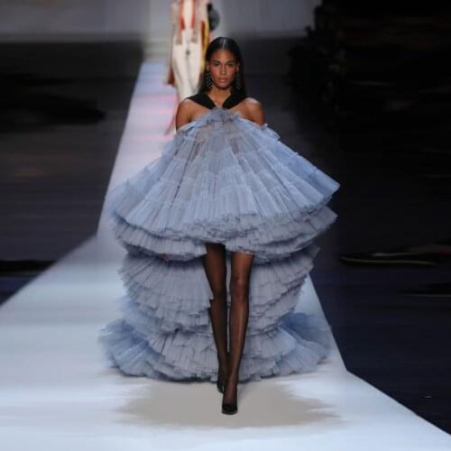 Fabulous Puffy Women Prom Dresses With Rope Back vestido longo Runway High Low Ruffle Tulle Prom Dress Flare Sleeves Lush