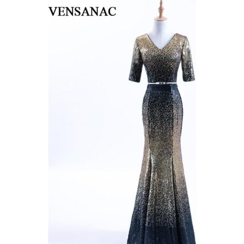 VENSANAC 2018 V Neck Sequined Long Mermaid Evening Dresses Party Metal Sash Lace Half Sleeve Backless Prom Gowns