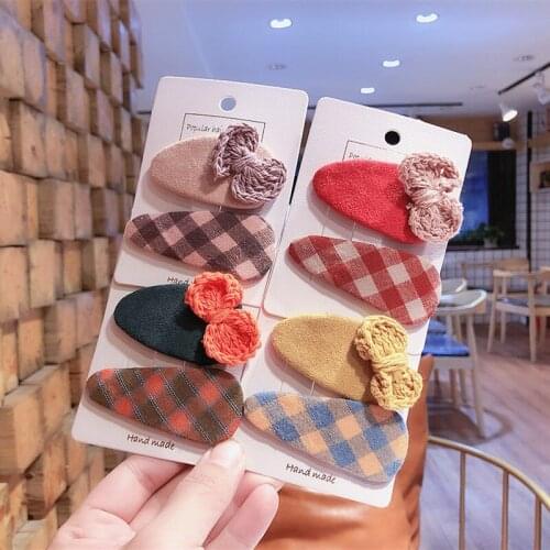 1 Pair New Korean Fashion Sweet Girl Princess Hairpins Headwear Simple Cute Plaid Fabric Wool Bow BB Clip Hair Accessories