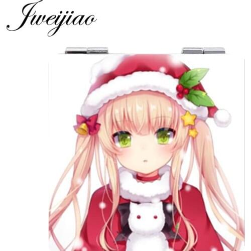 Youhaken Beautiful girl Photo Printed White PU Leather Square Makeup Mirror 1X/2X Magnifying Folding Pocket Mirror espejo