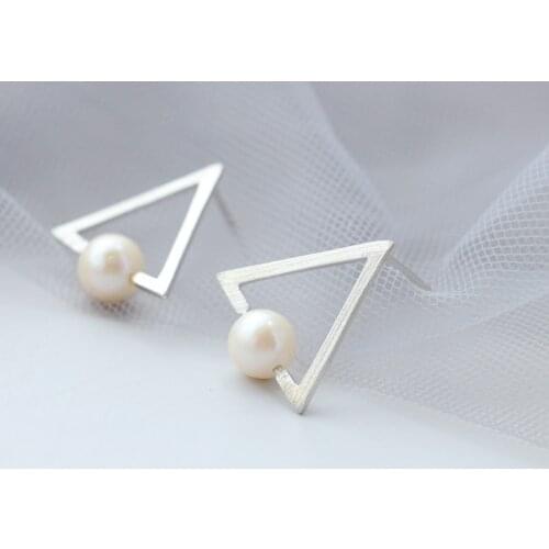 Authentic 925 Sterling Silver Earstuds Inlaid Natural Freshwater Pearl Fashion Handwork Creative Idea Triangle Women Earring