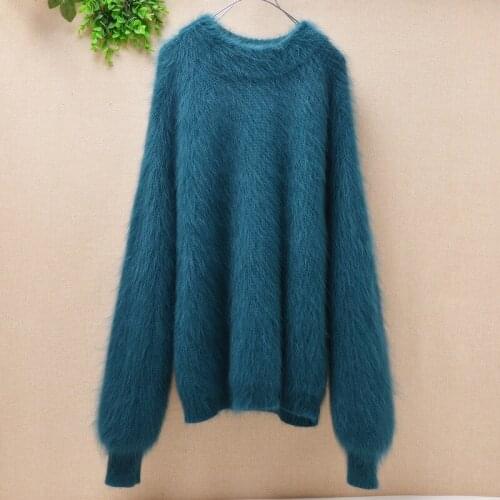 Female women thicken warm genuine mink cashmere loose hand knitted long sleeve o-neck angora rabbit pullover sweater winter coat