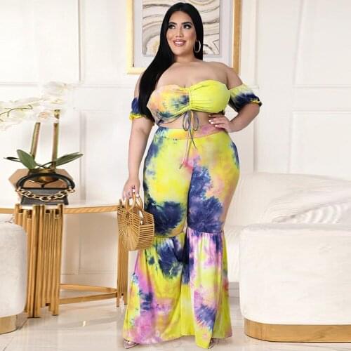 XL-5XL Plus Size Tie Dyeing Print Womens Tracksuit Off The Shoulder Crop Top and Flare Bell Bottom Pant Vintage Club Outfits