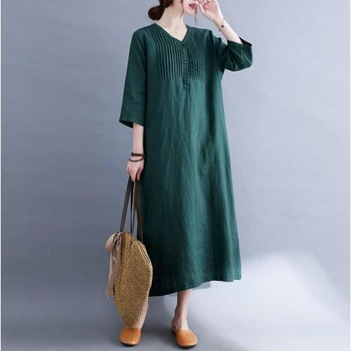 Johnature 2021 New Solid Color V-neck Button Women Dress Summer Casual Button Loose Half Sleeve Pockets Female Dresses