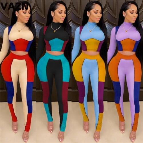 VAZN 2021 O-neck Patchwork Sport Gym Fitness Casual Suit Fashion Elegant Sexy High Street Set Women Young Energetic Set