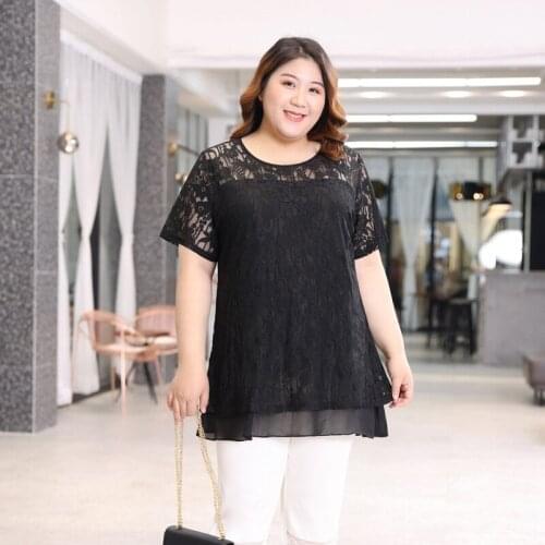 2XL To 7XL Plus Size Lace Shirts for Women Korean Version Loose Short Sleeve Summer Tops Black Blusas De Mujer