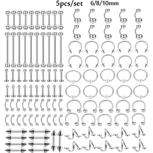 5pcs Stainless Steel Eyebrow Navel Belly Lip Tongue Nose Piercing Bar Ring Labret Barbell Tunnel Body Jewelry
