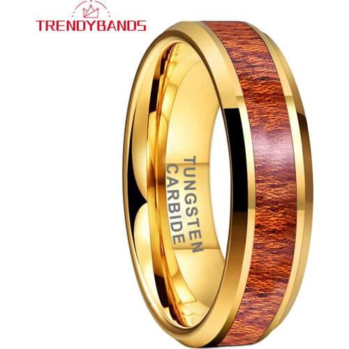 6MM Gold Koa Wood Inlay Tungsten Rings For Women Men Beveled Edges Polished Shiny Comfort Fit