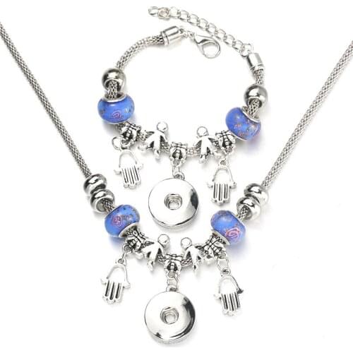6 Colors Snap Button Hand of Fatima Necklace Bracelet Set Bead Pendant Hollow Chain Beaded Bracelet Fit 18mm Snap Fine Jewelry