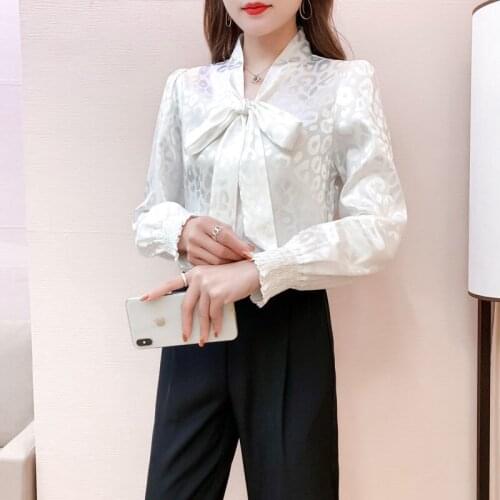 Bow White Blouse Women Print Elegant Office Lady Long Sleeve Chiffon Shirt Autumn Tops Work Clothes OL Business Womens Shirts