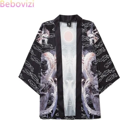 Bebovizi Loose Fashion Dragon Black Summer Beach Cardigan Harajuku Japanese Kimono Style Women Men Tops Shirts Asian Clothes