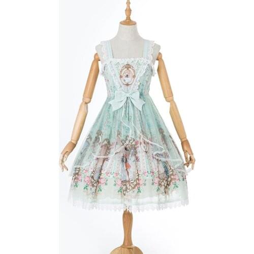 Lolita Dress Straps Printed Ruffles and Lace Lolita one Piece Dress With Cute Bow