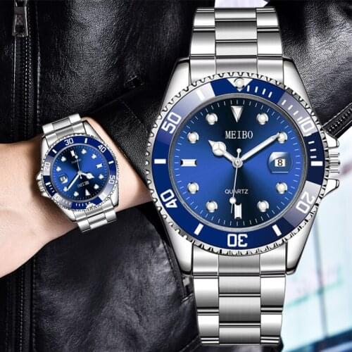Fashion top brand luxury stainless steel mens business watch steel band quartz watch green dial relogio masculino