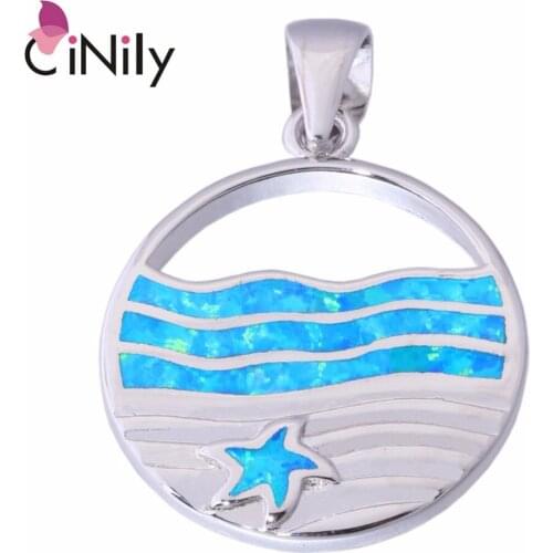 CiNily Created Blue White Fire Opal Silver Plated Wholesale Round Shape For Women Jewelry Christmas Gift Pendant 1 1/4" OD6761-2