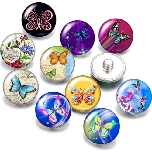 DB0483 Beauty butterfly 18mm snap buttons 10pcs mixed round photo glass cabochon style for snap button jewelry
