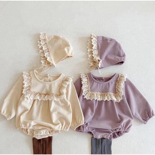 Spring Autumn Newborn Baby Girls Jumpsuit+Hat Lace Stitching Toddler Baby Girl Romper Cotton Long Sleeve Baby Girls Clothes