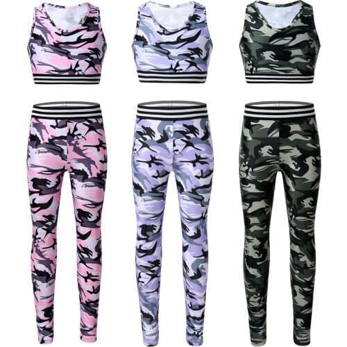 Kids Camouflage Printed Tracksuit Dancewear Stretchy Crop Top with Leggings Pants Set Girls Ballet Jazz Gymnastics Dance Costume