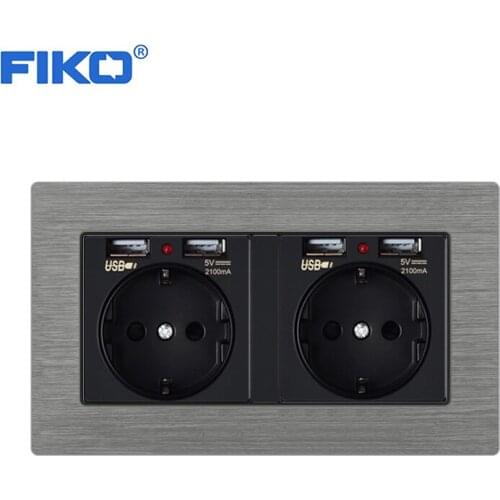 FIKO 2gang 16A EU socket with dual USB Gray Aluminium Alloy Panel EU Power standard,146*86mm family wall power socket