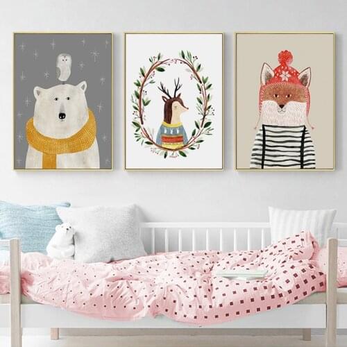Kawaii Woodland Animal Deer Fox Bear Nursery Wall Art Canvas Painting Nordic Posters Prints Boho Decor Pictures Baby kids Room