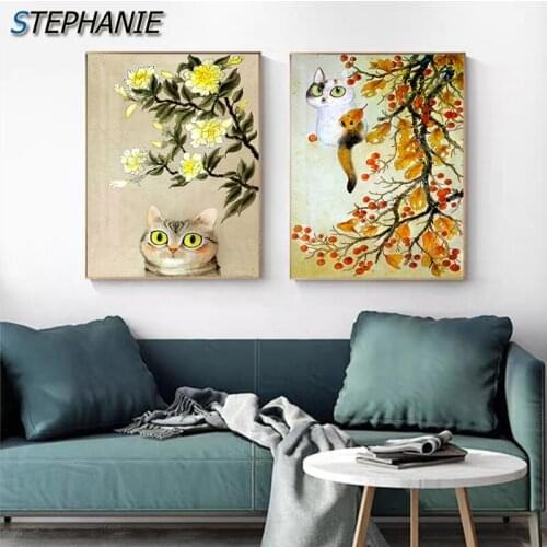 Creative Brown White Kitten with Fashion Flowers Canvas Painting Pet Poster and Print Cute Art Wall Pictures for Bedroom Decor