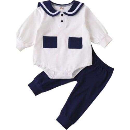 Hot Baby Boy Girl Clothes Set 2Pcs Autumn Infant Cotton Navy Collar Long Sleeve Romper Trousers Outfits
