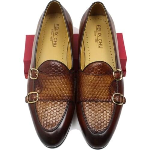 FELIX CHU Autumn Stylish Men Loafers Black Brown Genuine Leather Print Hand Painted Monk Strap Mens Dress Shoes Wedding Party