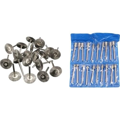 20Pcs 3mm Shank Diamond Grinding Burr Drill Bits Sets Kits with 20Pcs Stainless Steel Wire Wheel Brush Cleaner Polishing