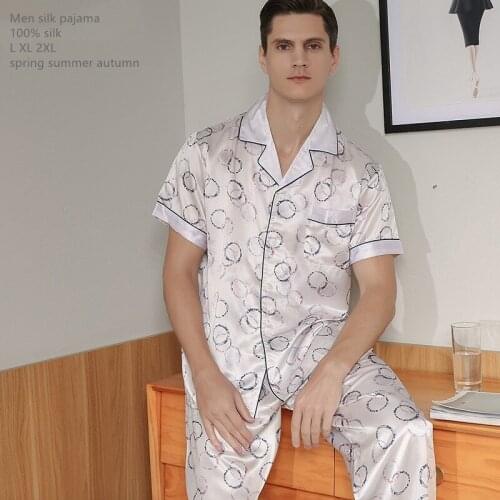 Naizaiga 19 Momme 100% silk short sleeve long pants print circle Men luxury fashion pajamas , SKFS21