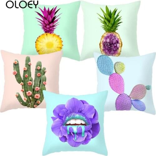 Lips Printed Cushion Cover Cartoon Plant Rainbow Pattern Home Decor Throw Pillow Cover Soft Square Polyester Pillowcase