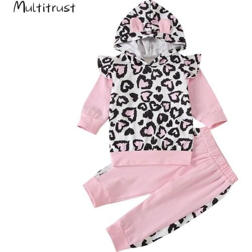 2020 Autumn Toddler Girls Clothes Pink Leopard Printed Pattern Long Sleeve Hooded Pullover + Long Pants Size 1-6 Years