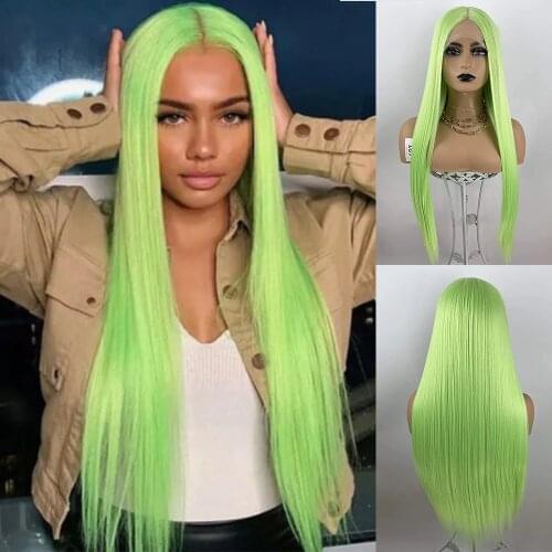 Bai Cheng Lime Green Silky Straight Lace Front Wigs Natural Looking Wig Replacement Wig Heat Resistant Synthetic Hair Wigs 22