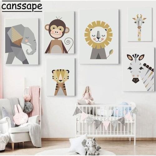 Animals Canvas Poster Elephant Lion Painting Giraffe Monkey Print Nursery Wall Art Pictures Nordic Wall Posters Baby Room Decor