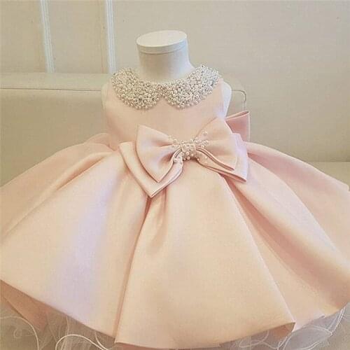 Pink Kids First Birthday Dresses Pearls Collar Satin Bow Layers Little Princess Baptism Dress Photography