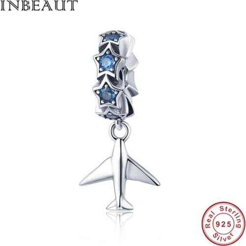 INBEAUT 100% Real 925 Sterling Silver Star Cubic Zirconia Plane Charms fit Brand Bracelet Original S925 Aircraft Beads Gift