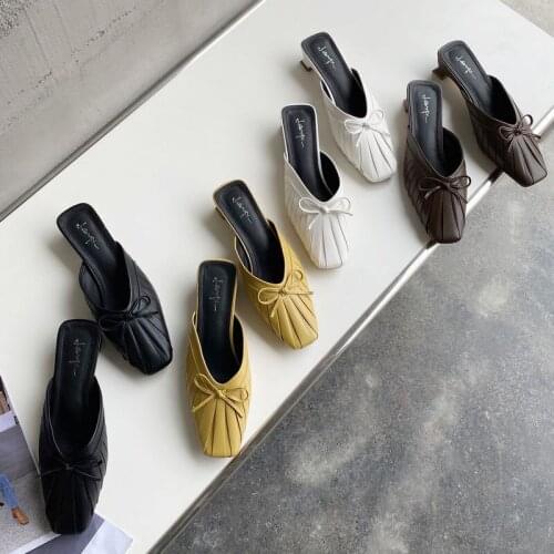 Low Heel Slippers Womens Outer Wear 2021 Spring and Summer New Bow All-Matching Chunky Heel Closed-Toe Slippers