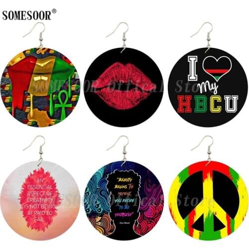 SOMESOOR African Ankh Peace Symbol Wooden Drop Earrings Love HBCU Vintage Lips Painted Dangle Loops Jewelry For Women Gifts