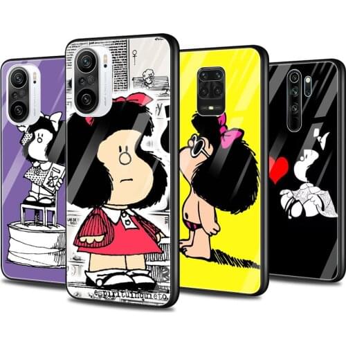 Glass Phone Case for Xiaomi Redmi Note 9S 7 9 8 10 Pro Max 8T 9c 9A 9T Glass Cover for Redmi K40 K30 K20 Cute Mafalda