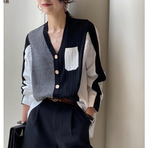 Sweater knitwear autumn new irregular shirt stitching lazy style versatile knitted cardigan woman sweaters dropshipping