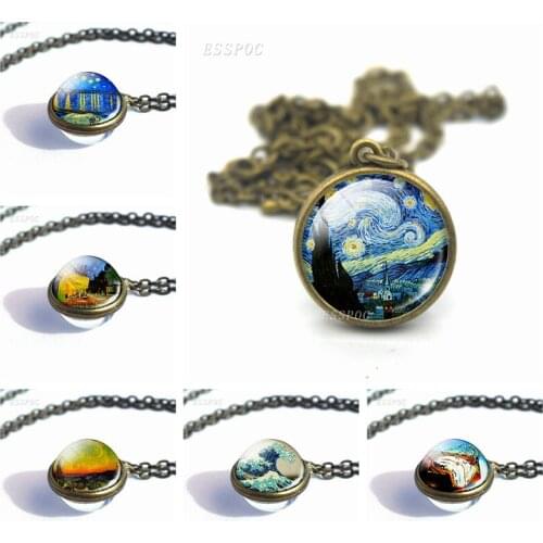 Vintage Starry Night Van Gogh Double Sided Glass Ball Necklace Jewelry Handmade Pendant Necklace For Women men Christmas Gift