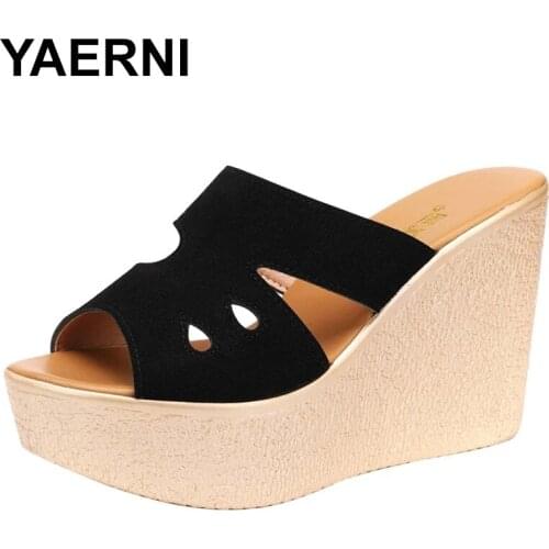 YAERNI Small Big Size 32-43 Open Head Sexy Platform Slippers Summer 2021 Faux Suede High Heels Wedges Slides for Women OL Office