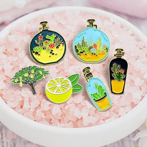 Green Potted Plant Lemon tree Enamel Pins Smile Lemon Cactus Aloe Perfume bottle Brooches Lapel Badge Jewelry Gift for Friends