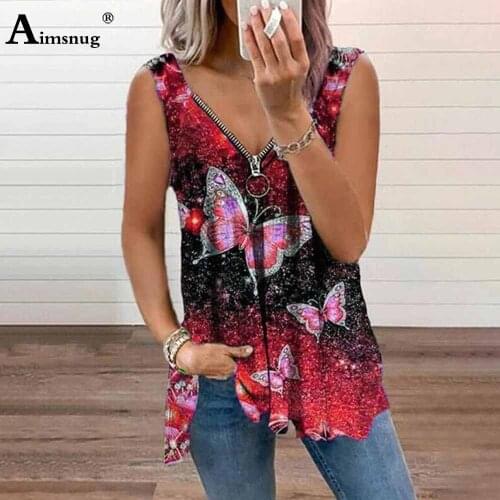 Large Size 5xl Ladies Butterfly Print T-shirt Fashion Zipper Womens Top Pullovers 2021 Summer New Sleeveless Tees Shirt Femme
