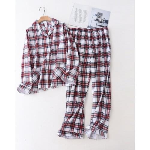 Sexy Red plaid 100% cotton pajamas sets women autumn plus size female Long sleeve pyjamas women homewear sleepwear