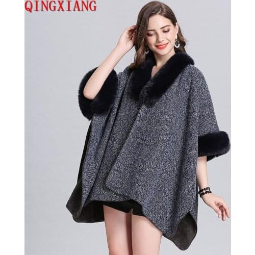 2020 Women Warm Thick Short Batwing Sleeves Lining Velvet Capes Faux Fox Fur Collar Cardigan Winter Ladies Hairy Coat